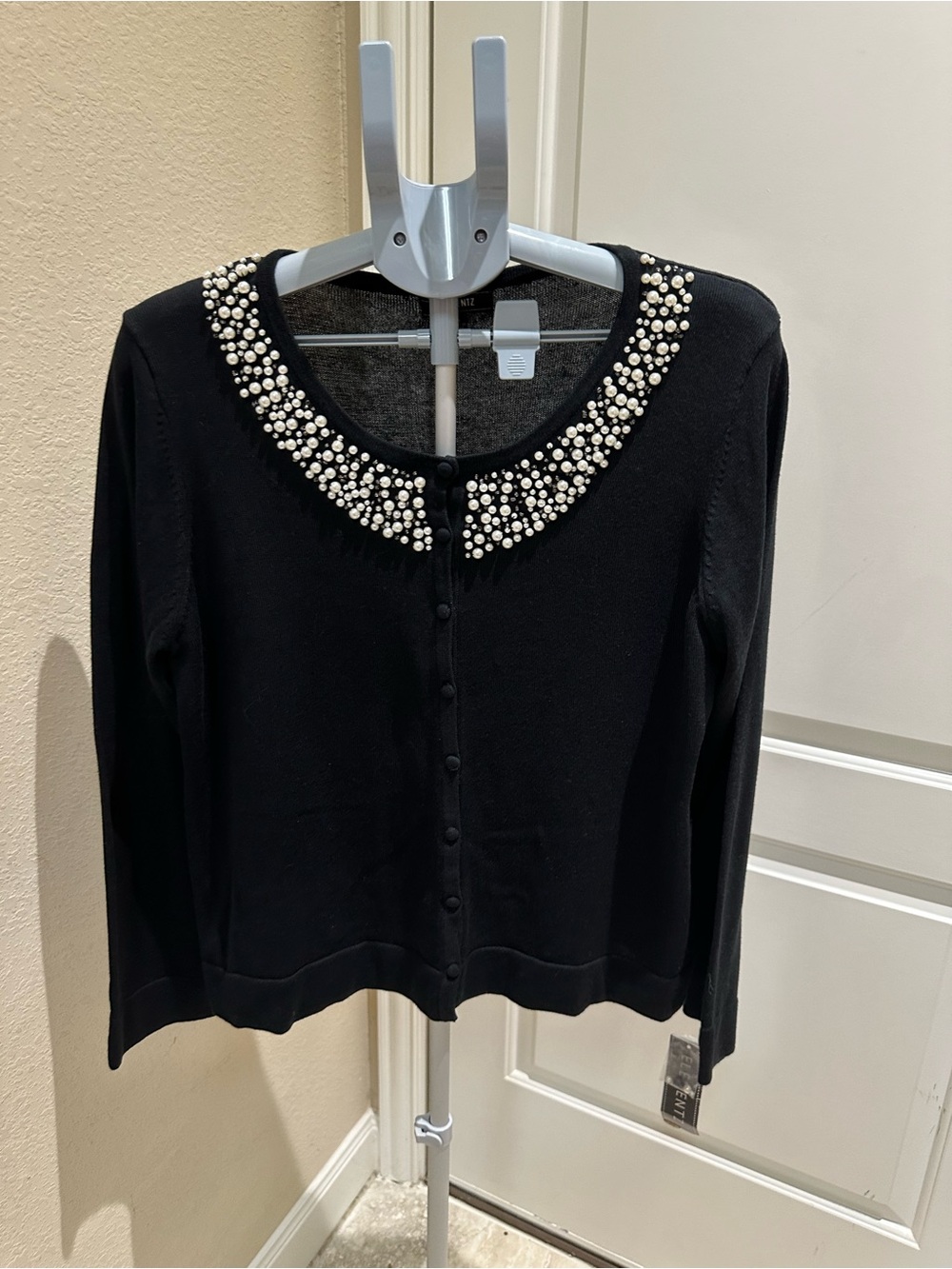 Elementz Black Cardigan with Pearl-Embellished Collar